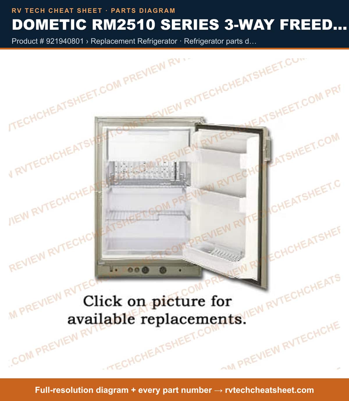 Dometic RM2510 Series 3-WAY Freedom product # 921940801 › replacement refrigerator — parts list sheet