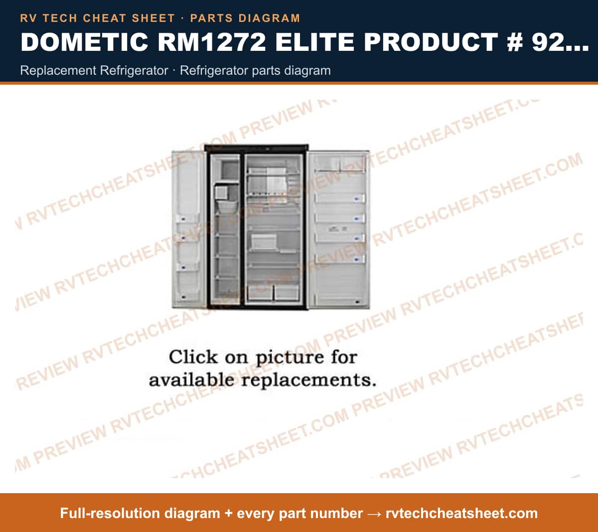 Dometic RM1272 Elite Product # 921148089 Black replacement refrigerator — parts list sheet