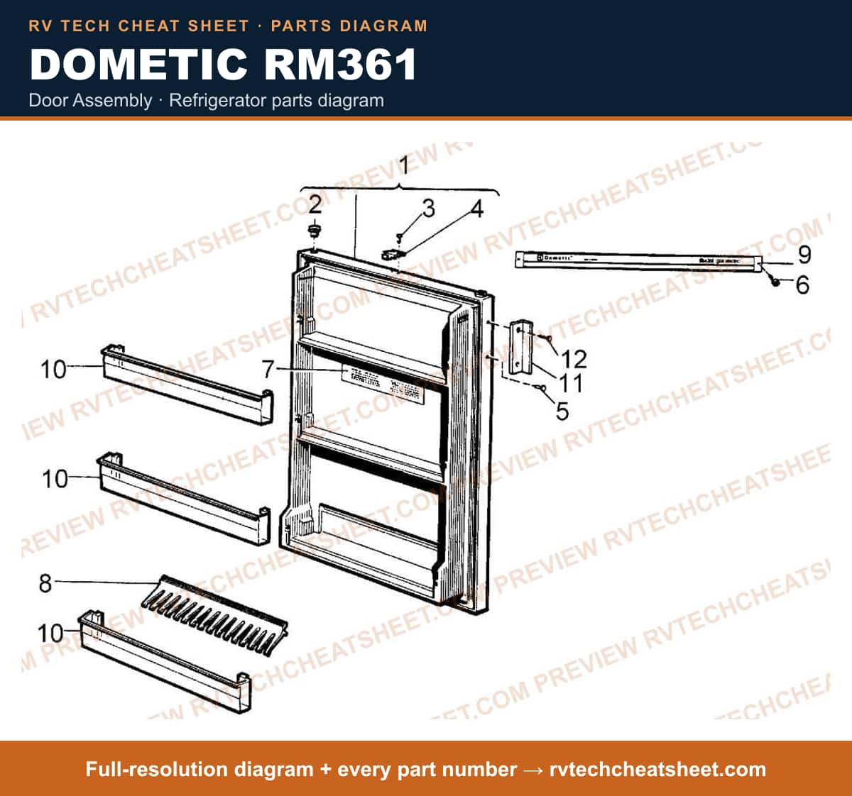 Dometic RM361 door assembly — parts list sheet