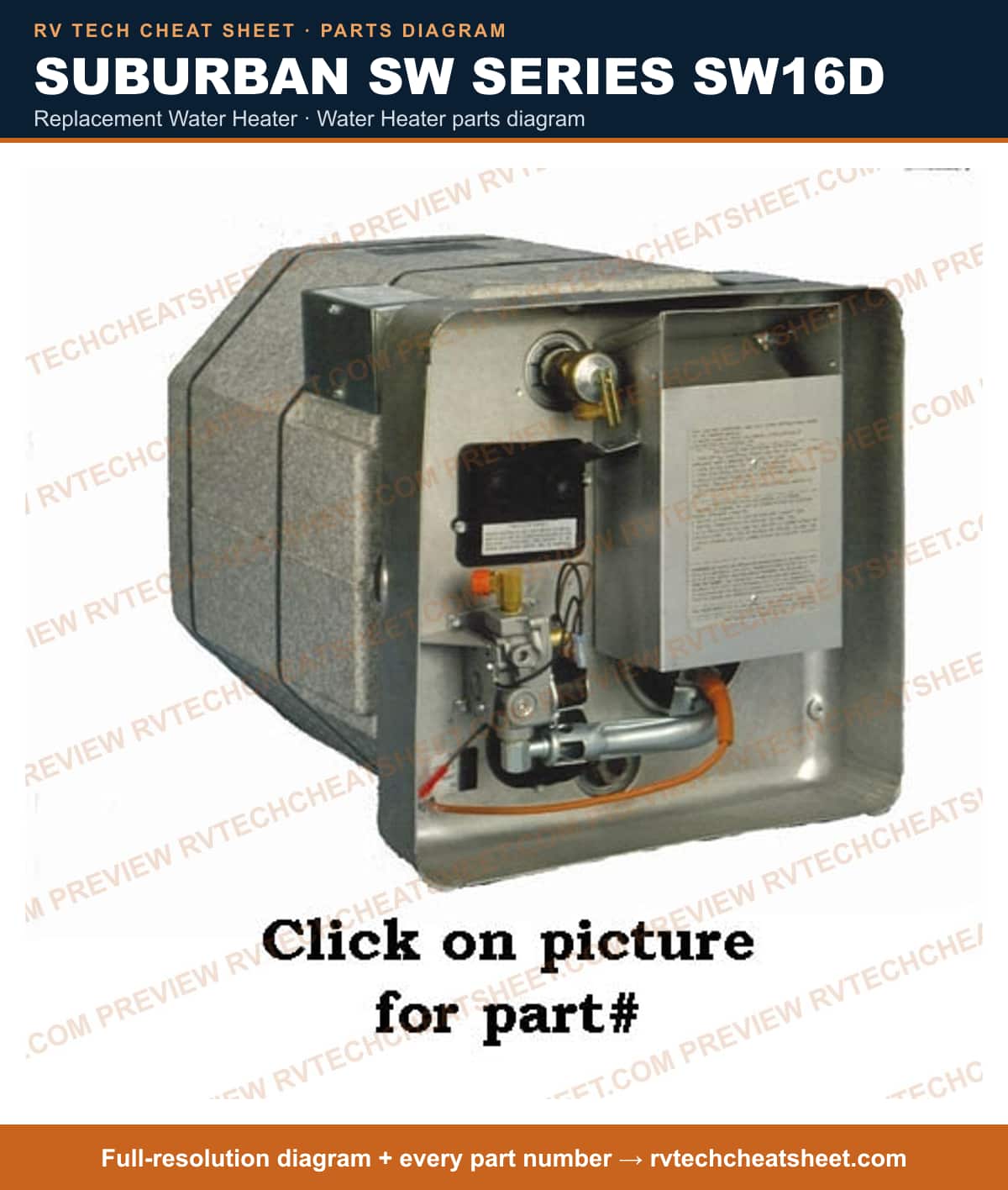 Suburban Sw Series SW16D replacement water heater — exploded parts diagram