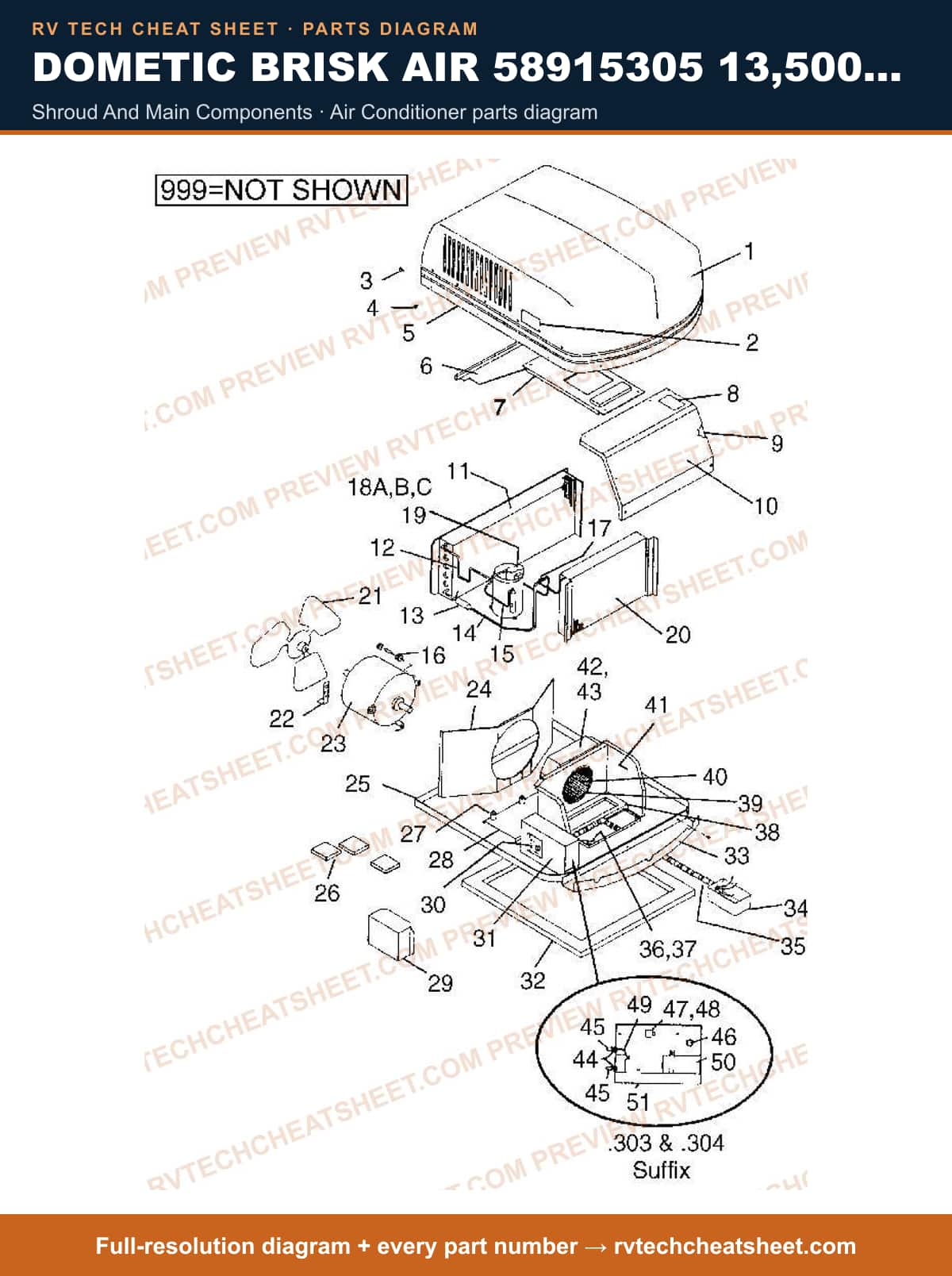 Dometic Brisk Air 58915305 13,500 BTU shroud and main components — parts list sheet