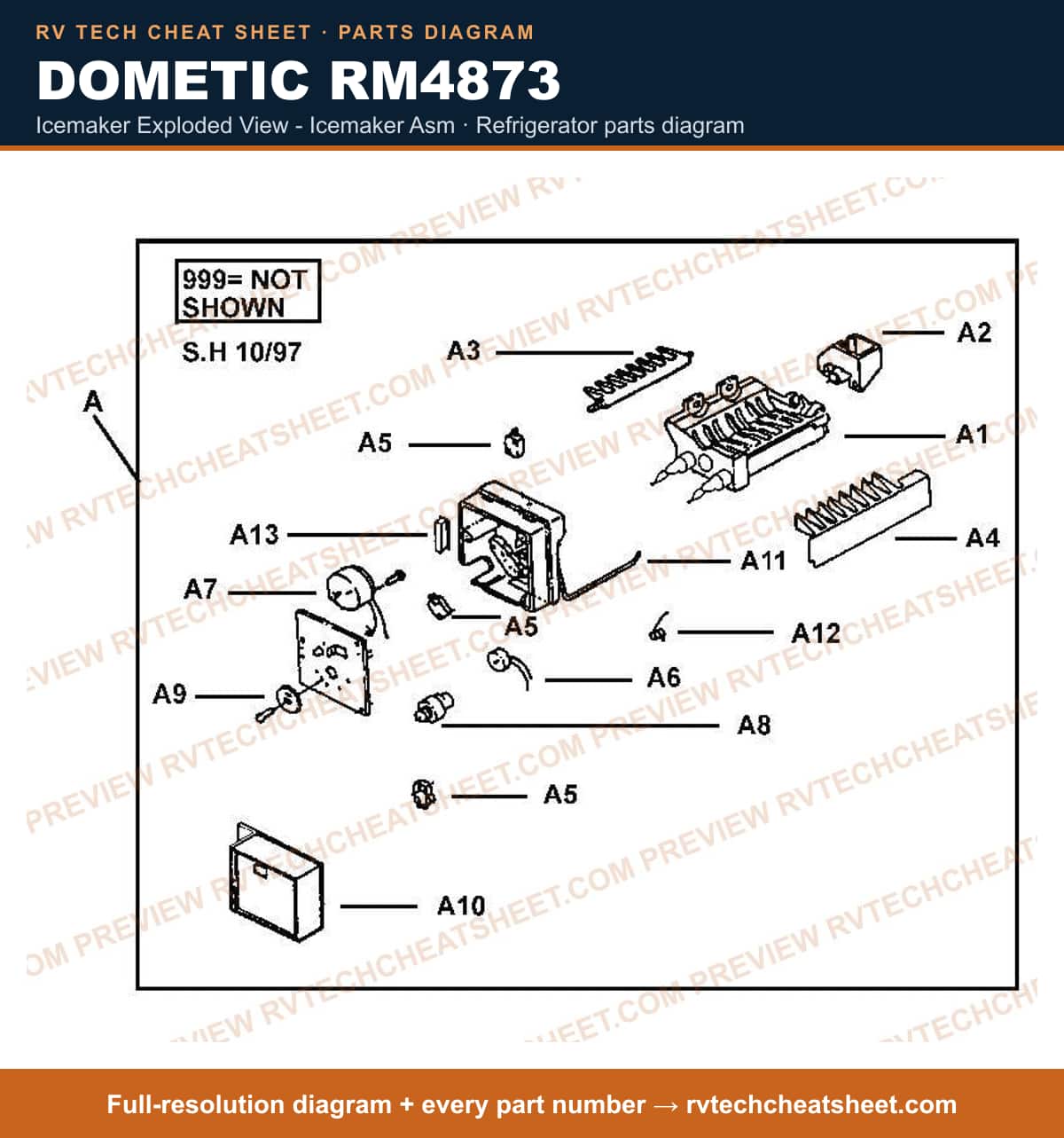 Dometic RM4873 icemaker exploded view - icemaker asm — parts list sheet