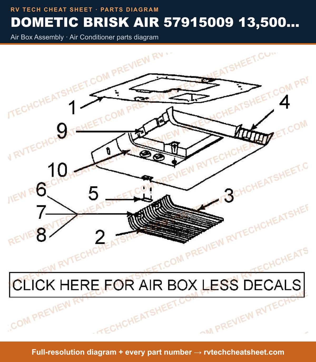 Dometic Brisk Air 57915009 13,500 BTU air box assembly — exploded parts diagram