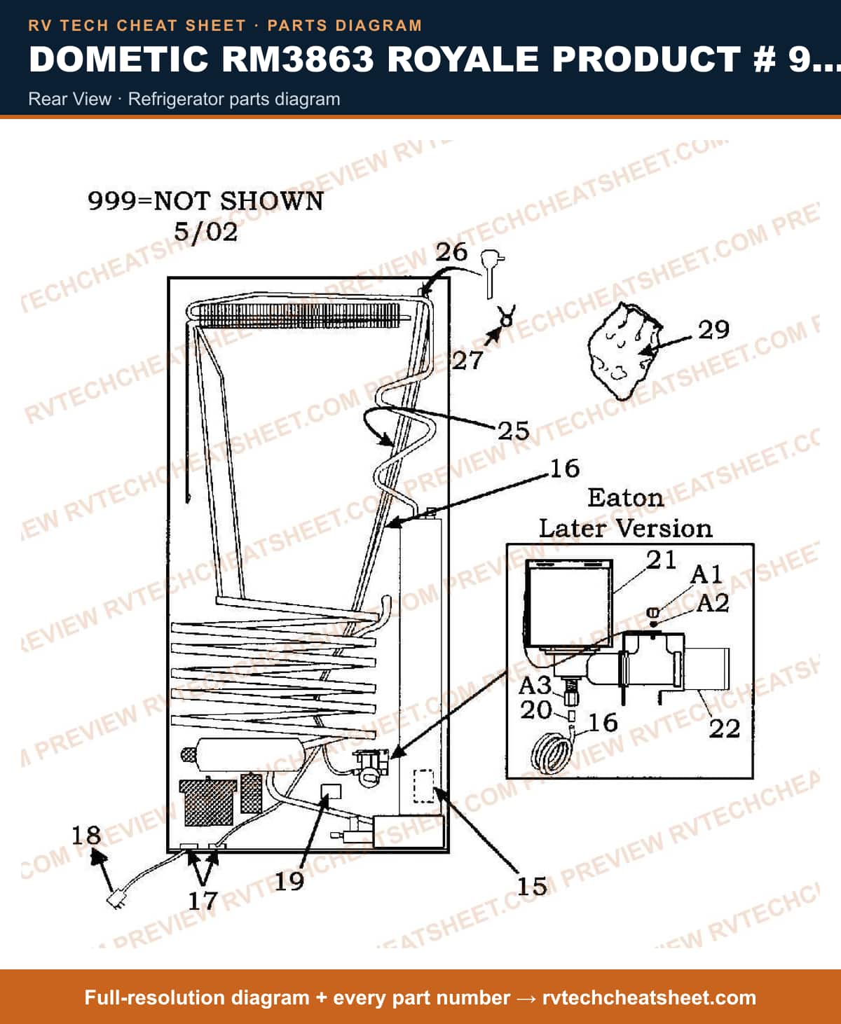 Dometic RM3863 Royale Product # 921146009 Beige rear view — parts list sheet
