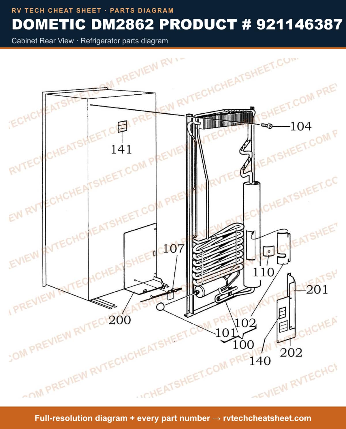 Dometic DM2862 Product # 921146387 cabinet rear view — parts list sheet