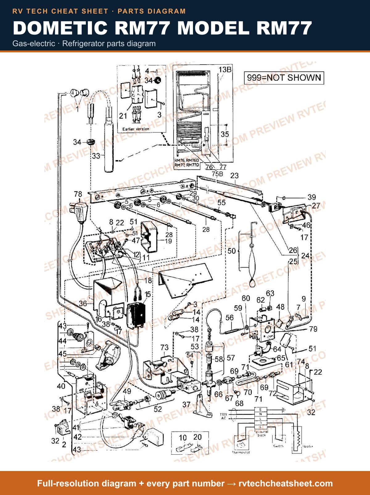 Dometic RM77 Model RM77 gas-electric — parts list sheet