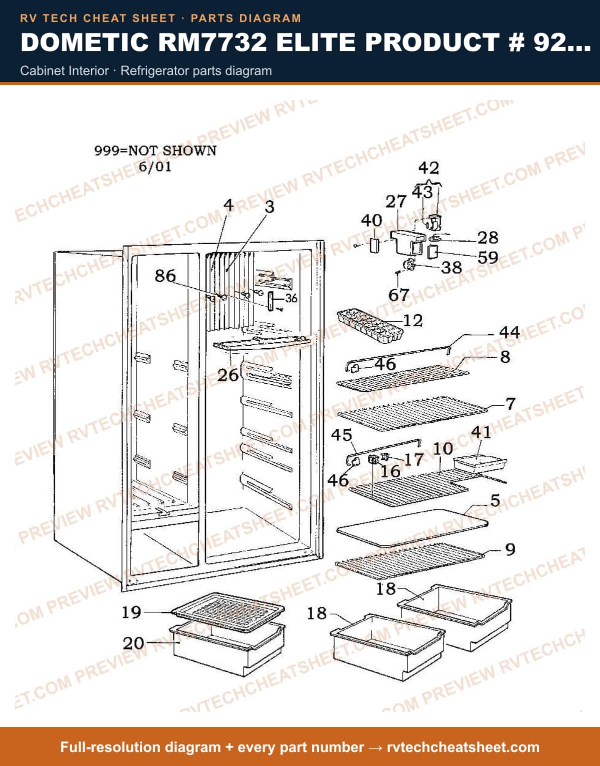 Dometic RM7732 Elite Product # 921148012 cabinet interior — parts list sheet