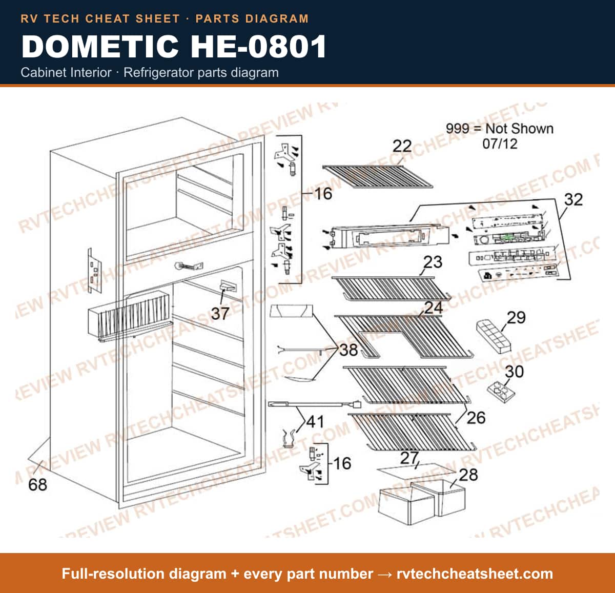 Dometic HE-0801 cabinet interior — parts list sheet 2 of 2