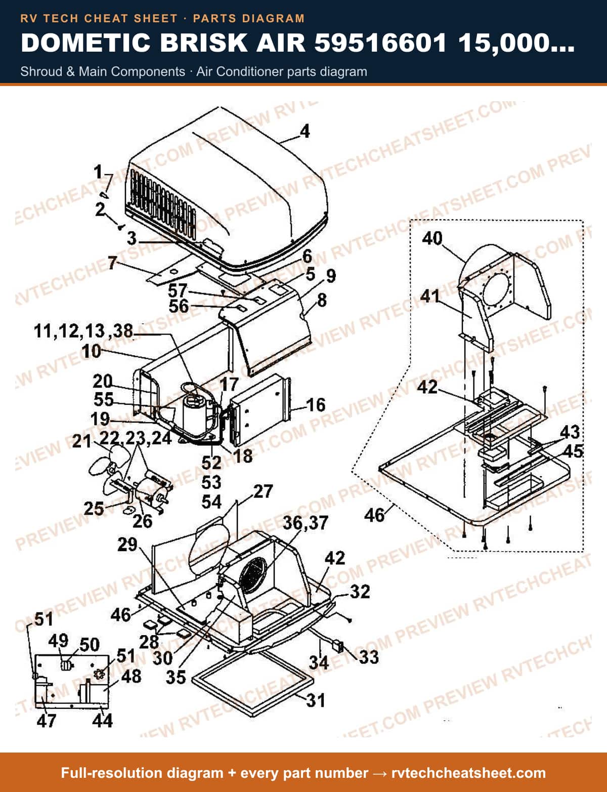 Dometic Brisk Air 59516601 15,000 BTU shroud & main components — parts list sheet