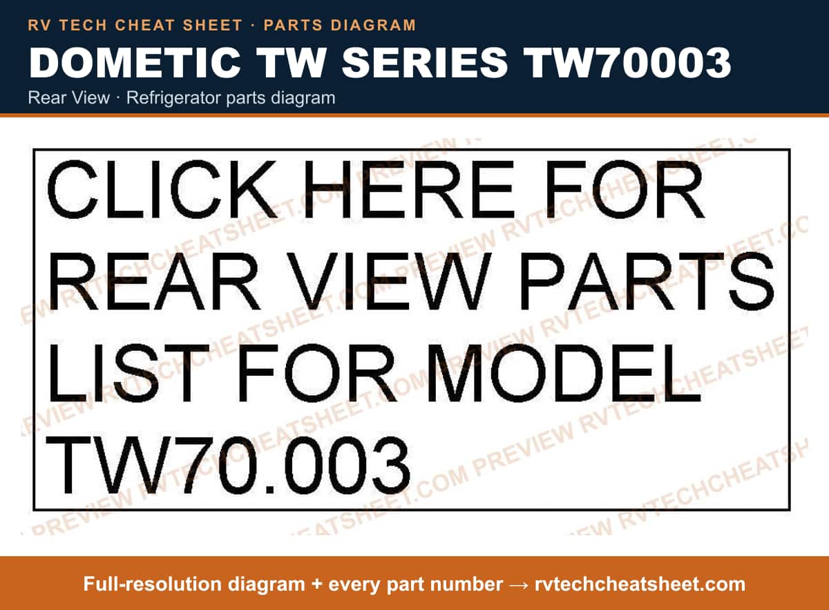 Dometic Tw Series TW70003 rear view — parts list sheet