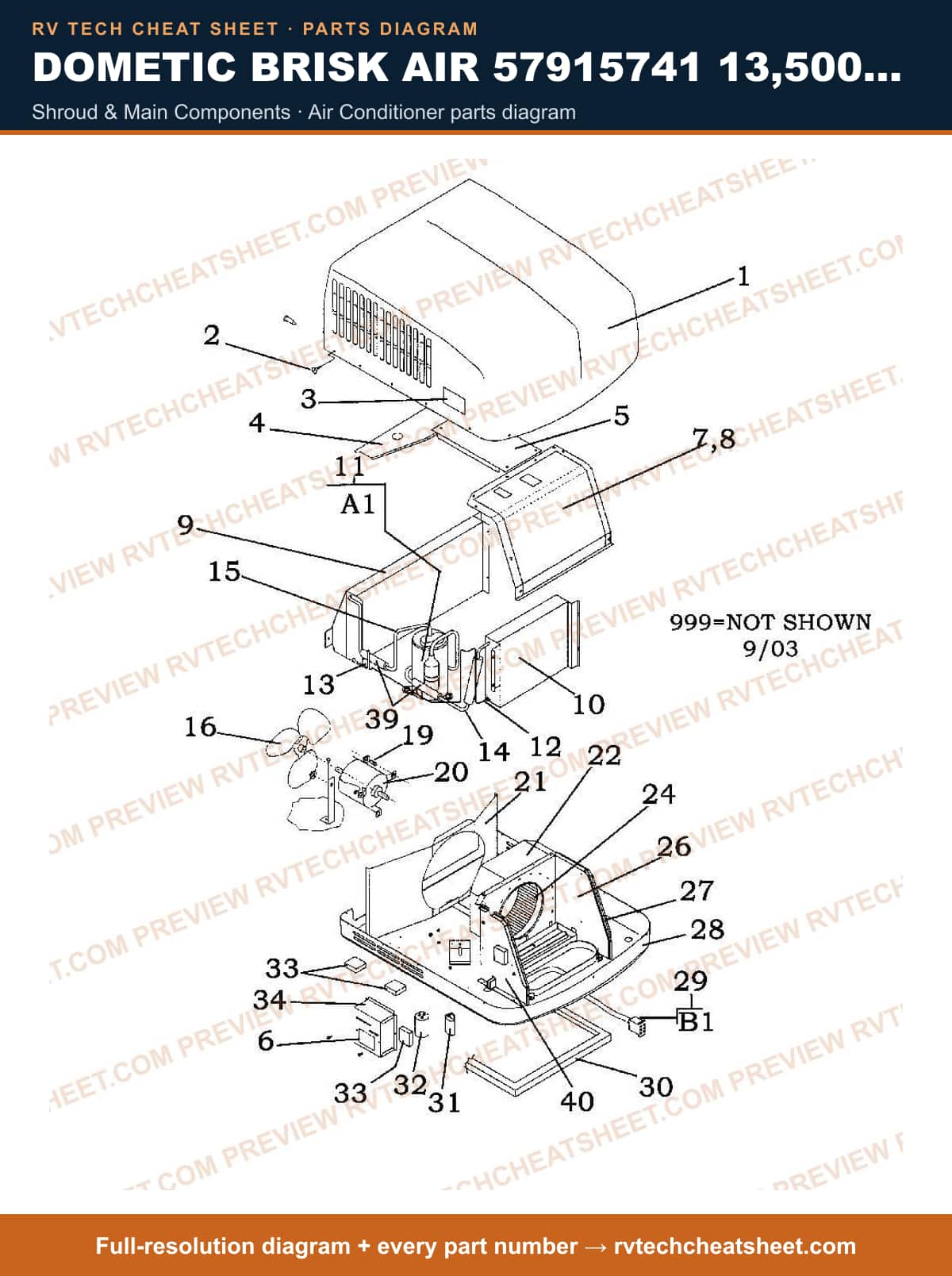 Dometic Brisk Air 57915741 13,500 BTU shroud & main components — parts list sheet