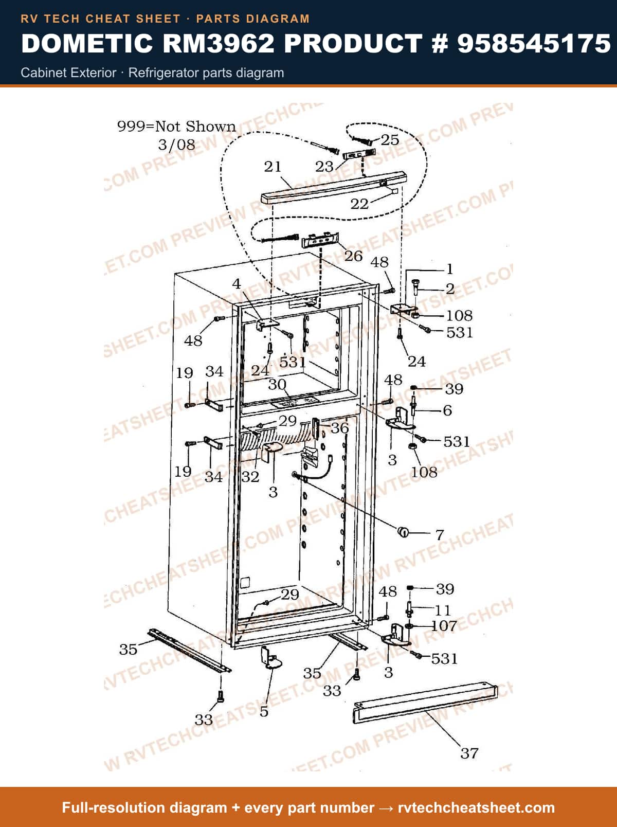 Dometic RM3962 Product # 958545175 cabinet exterior — parts list sheet