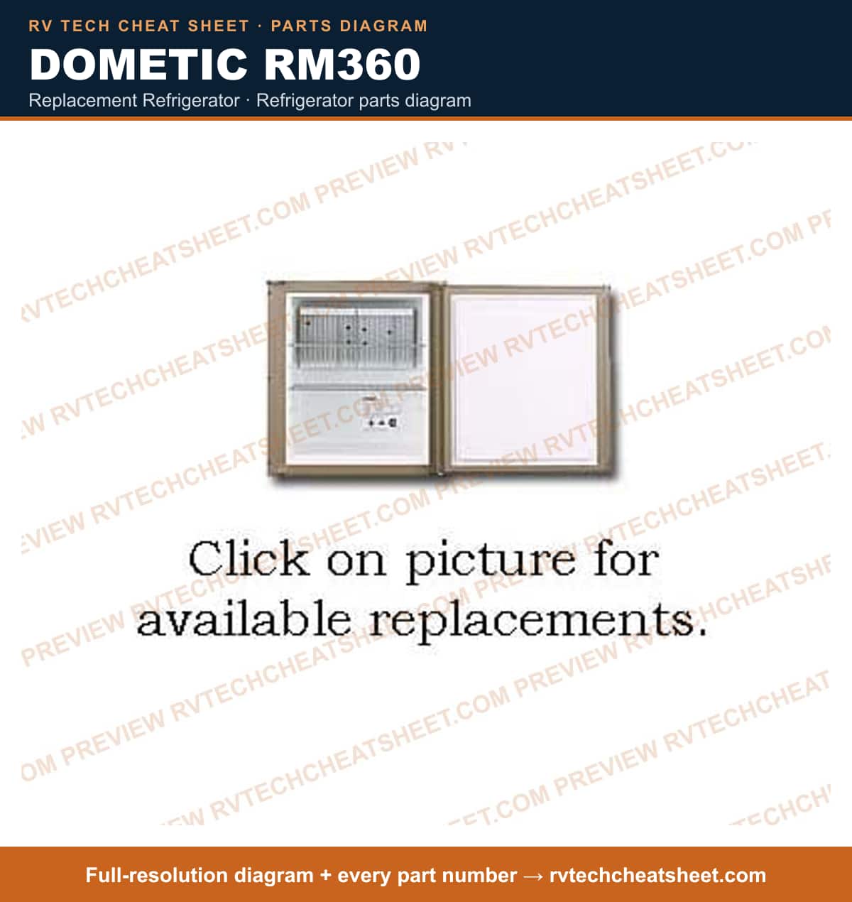 Dometic RM360 replacement refrigerator — parts list sheet