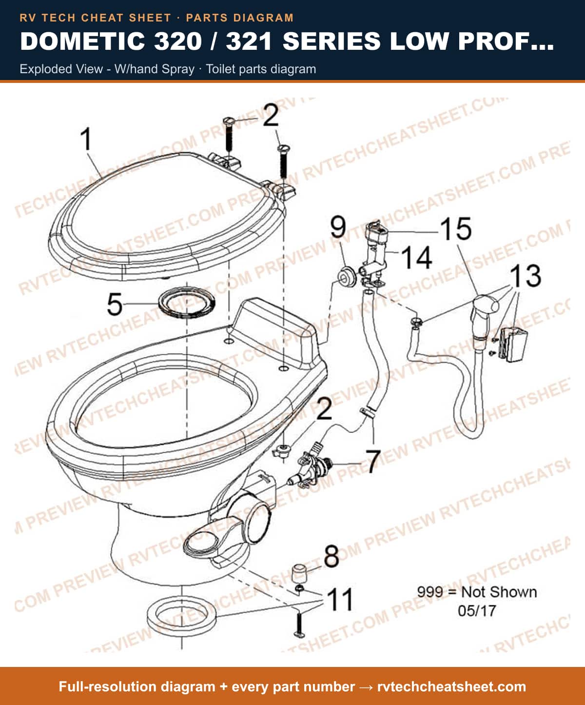 Dometic 320 / 321 Series Low Profile exploded view - w/hand spray — exploded parts diagram 3 of 3