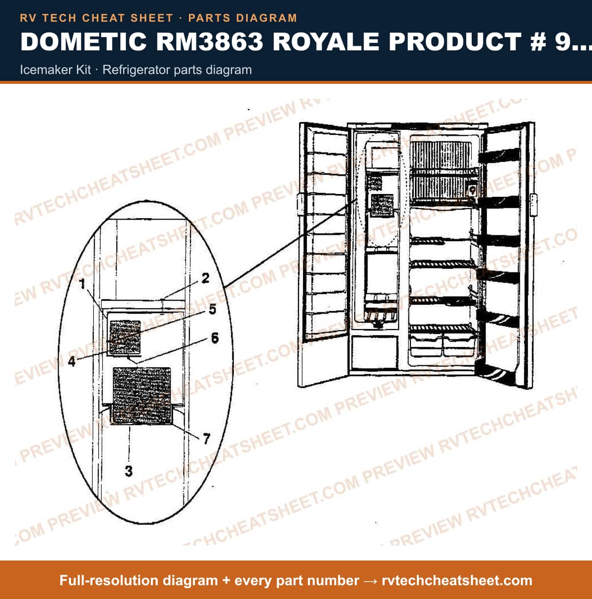 Dometic RM3863 Royale Product # 921146009 Beige icemaker kit — parts list sheet