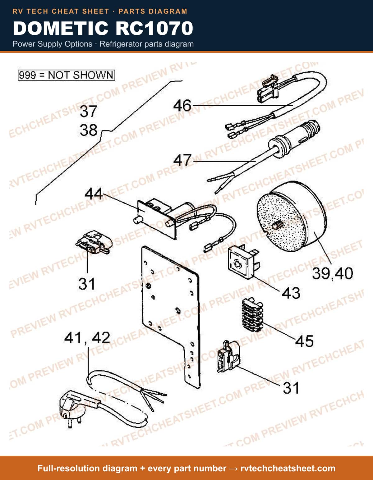 Dometic RC1070 power supply options — exploded parts diagram