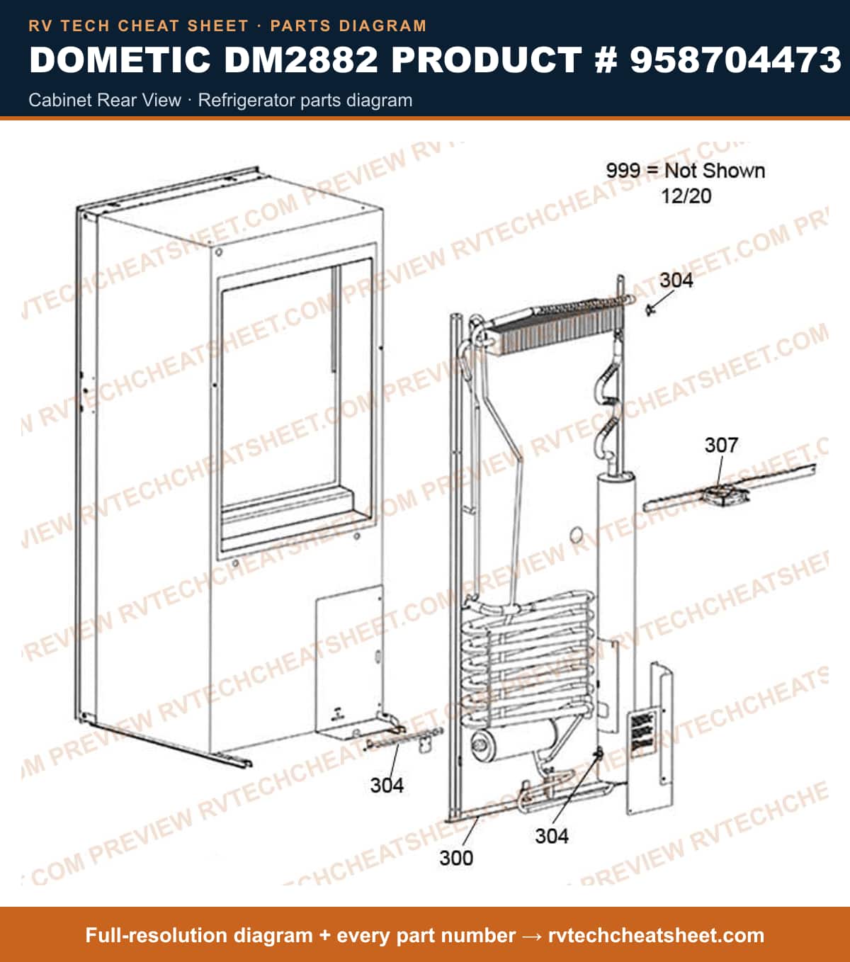Dometic DM2882 Product # 958704473 cabinet rear view — parts list sheet