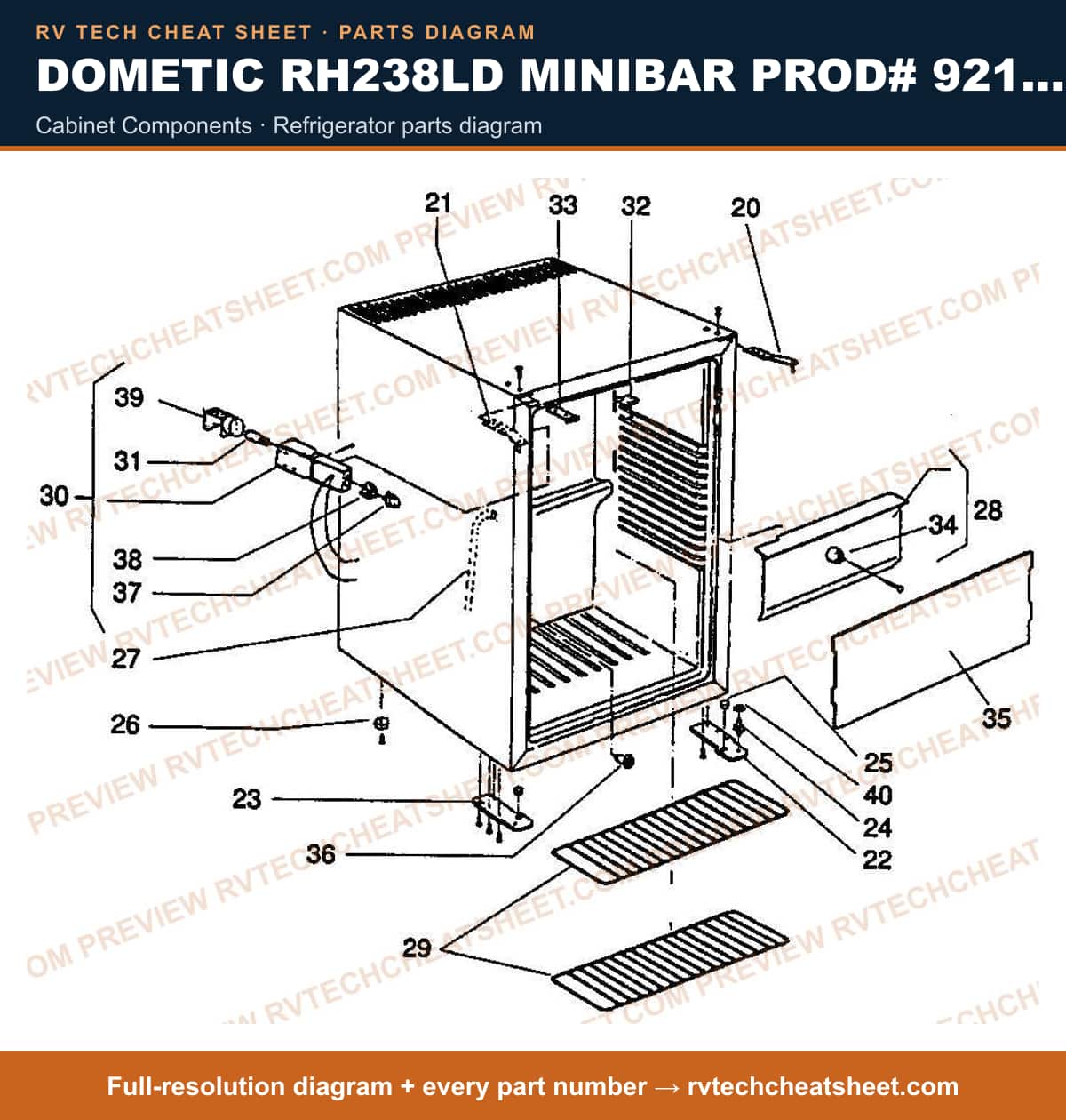Dometic RH238LD Minibar Prod# 921063288 cabinet components — parts list sheet