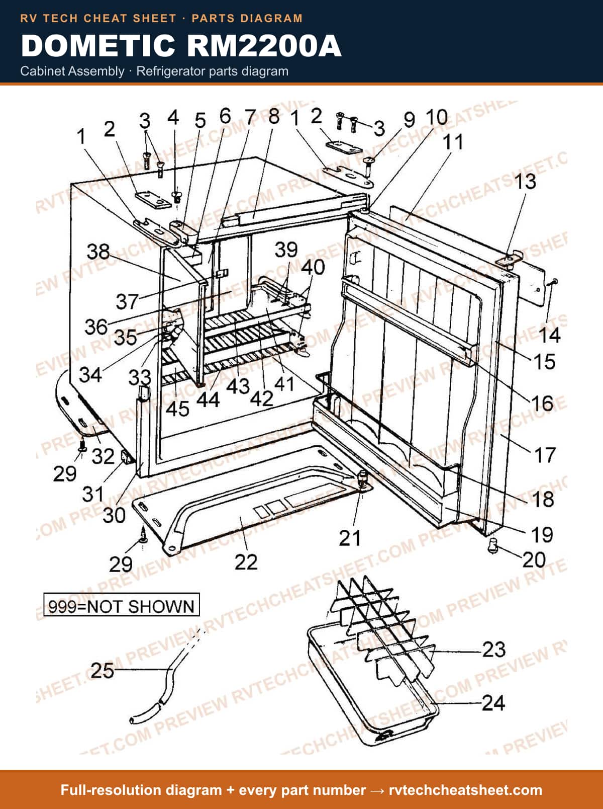 Dometic RM2200A cabinet assembly — parts list sheet