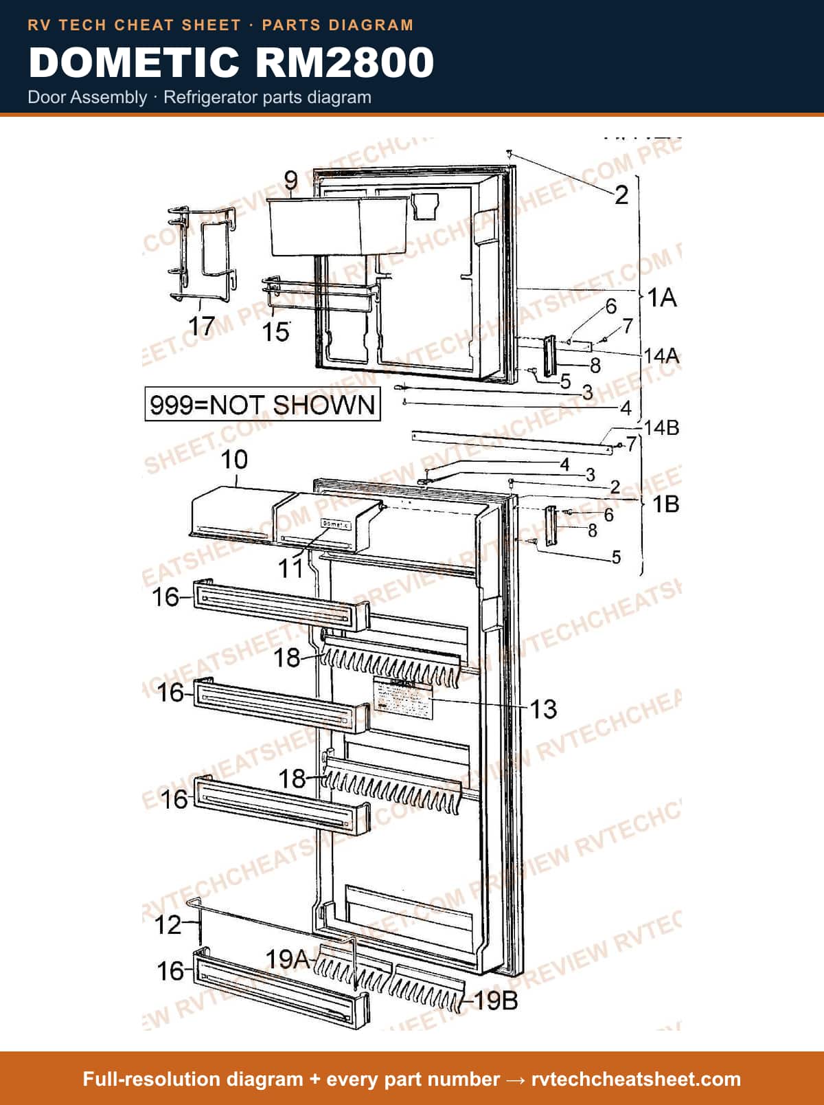 Dometic RM2800 door assembly — parts list sheet