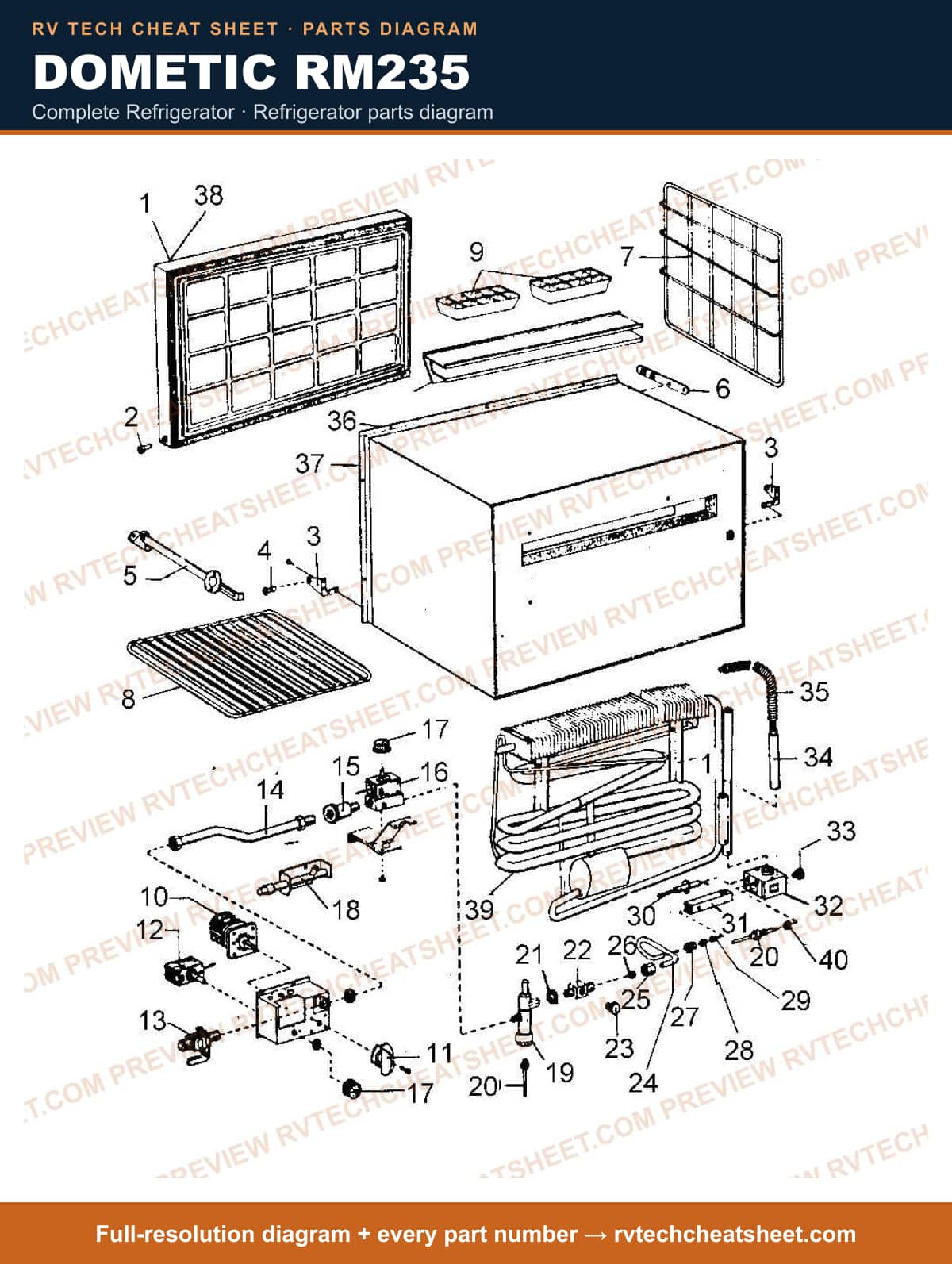 Dometic RM235 complete refrigerator — parts list sheet