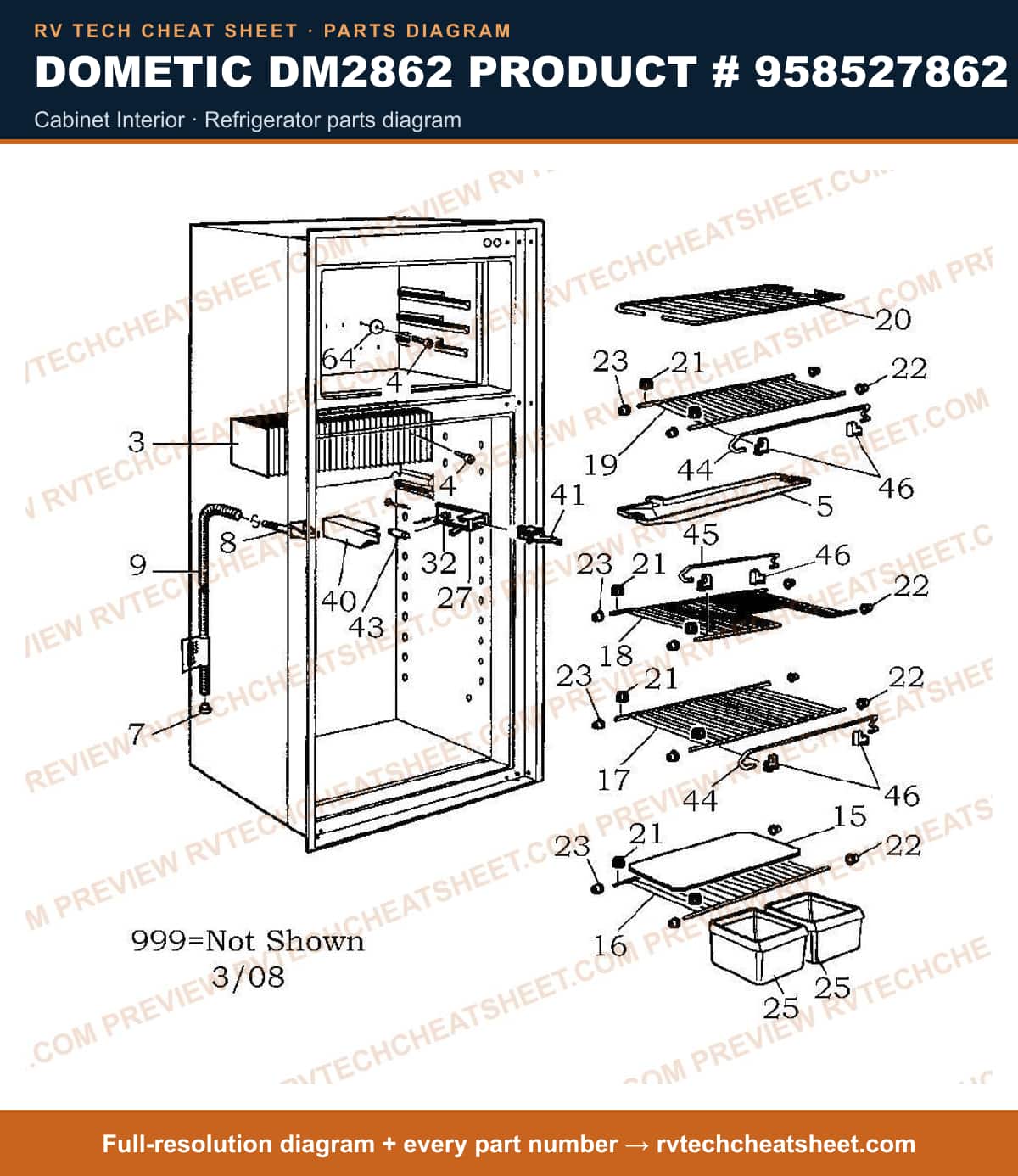Dometic DM2862 Product # 958527862 cabinet interior — parts list sheet