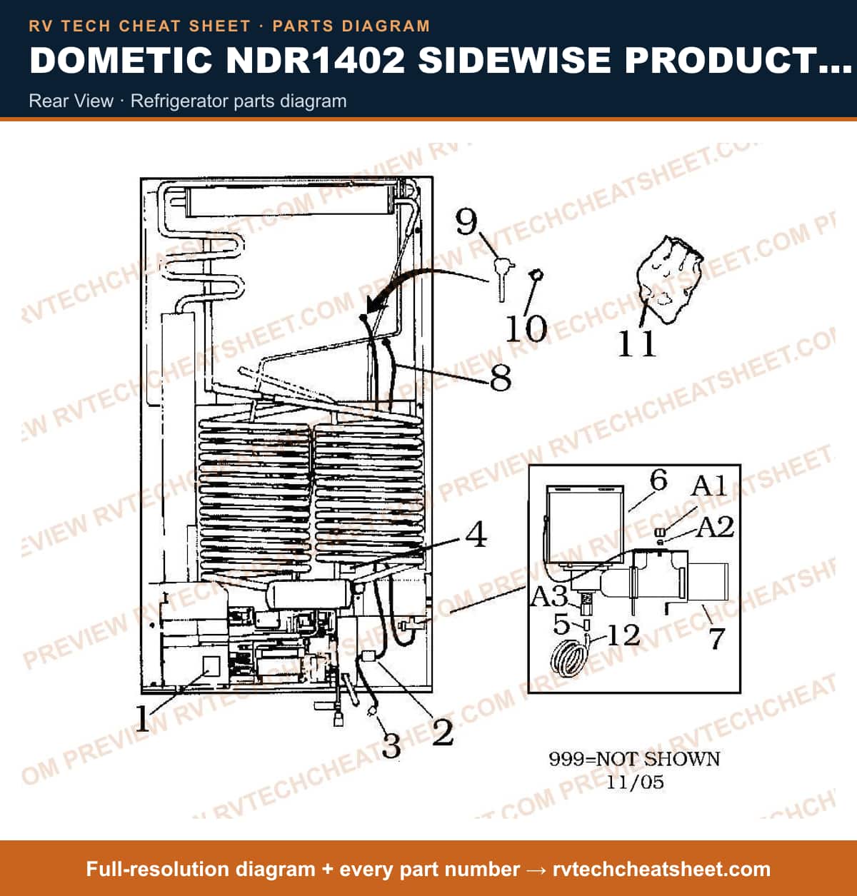 Dometic NDR1402 Sidewise Product # 921148203 Stnls rear view — parts list sheet 1 of 2