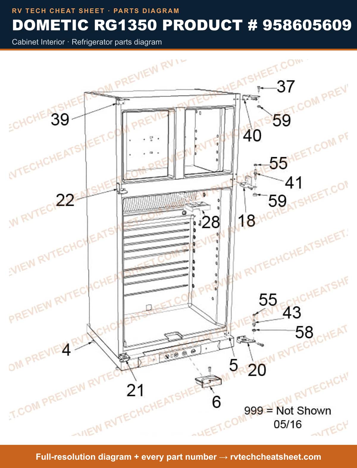 Dometic RG1350 Product # 958605609 cabinet interior — exploded parts diagram