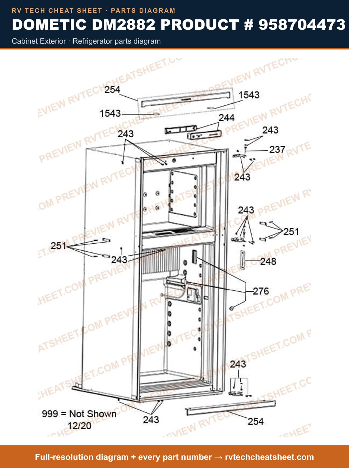 Dometic DM2882 Product # 958704473 cabinet exterior — parts list sheet
