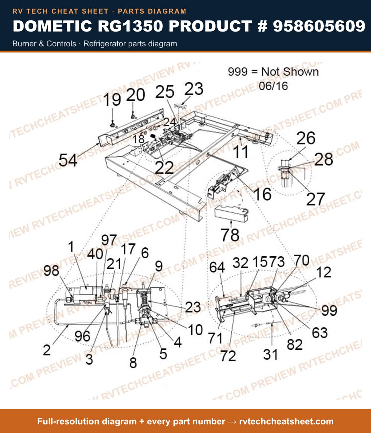 Dometic RG1350 Product # 958605609 burner & controls — exploded parts diagram