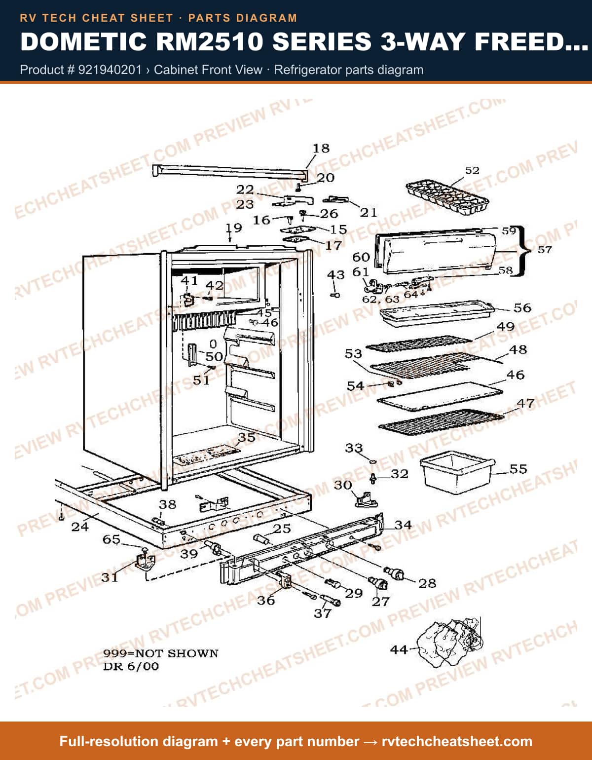 Dometic RM2510 Series 3-WAY Freedom product # 921940201 › cabinet front view — parts list sheet