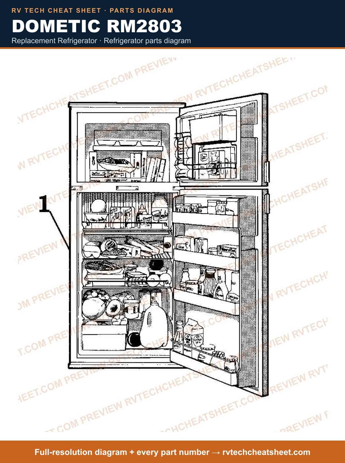 Dometic RM2803 replacement refrigerator — parts list sheet