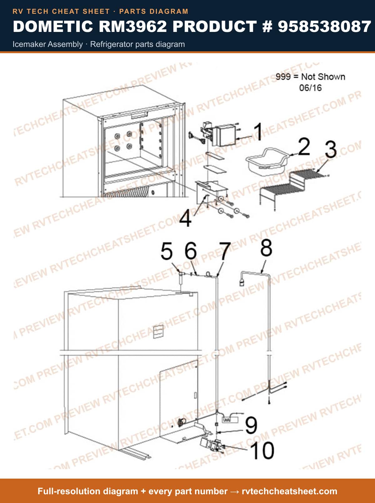 Dometic RM3962 Product # 958538087 icemaker assembly — parts list sheet