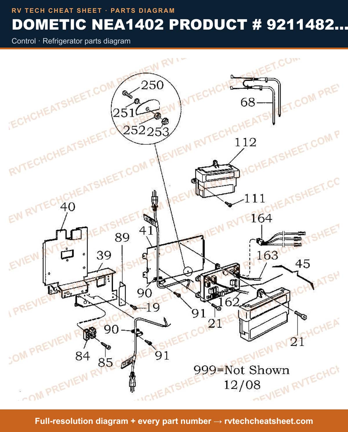Dometic NEA1402 Product # 921148255 control — parts list sheet