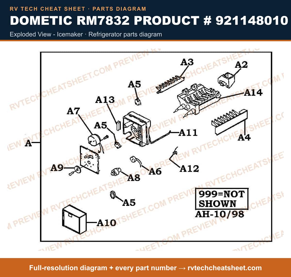 Dometic RM7832 Product # 921148010 exploded view - icemaker — parts list sheet