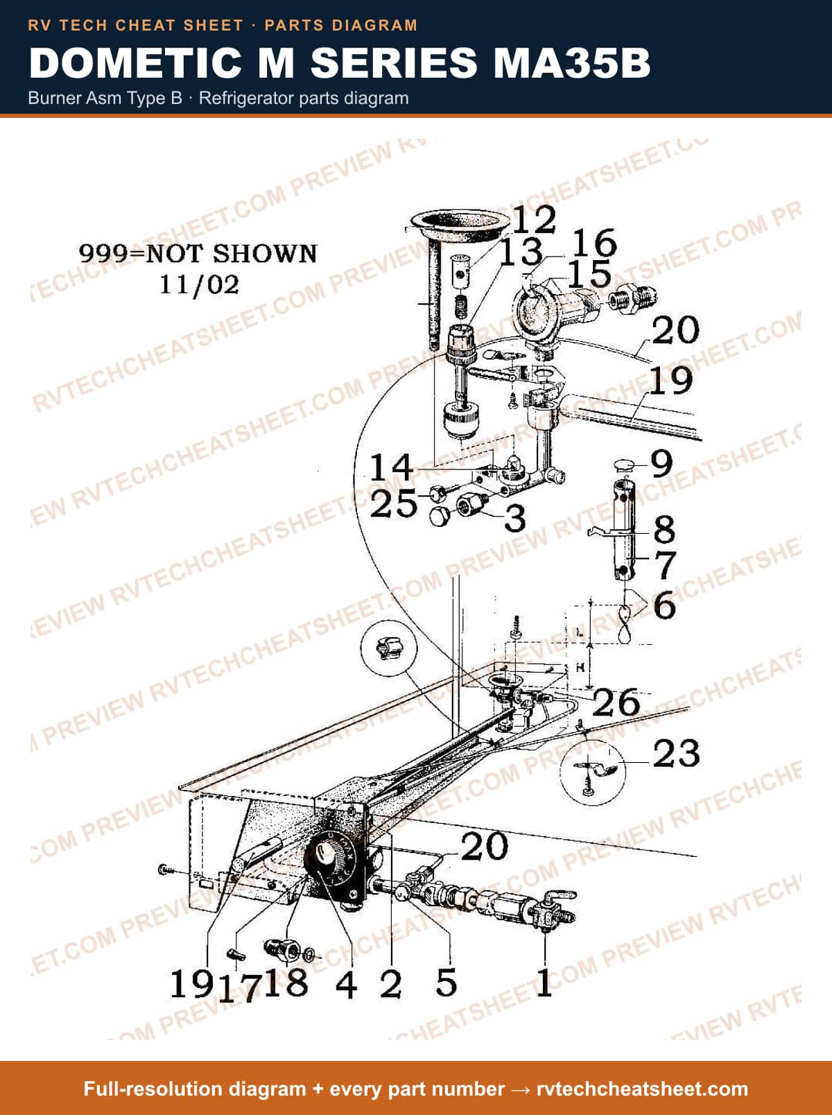Dometic M Series MA35B burner asm type b — parts list sheet