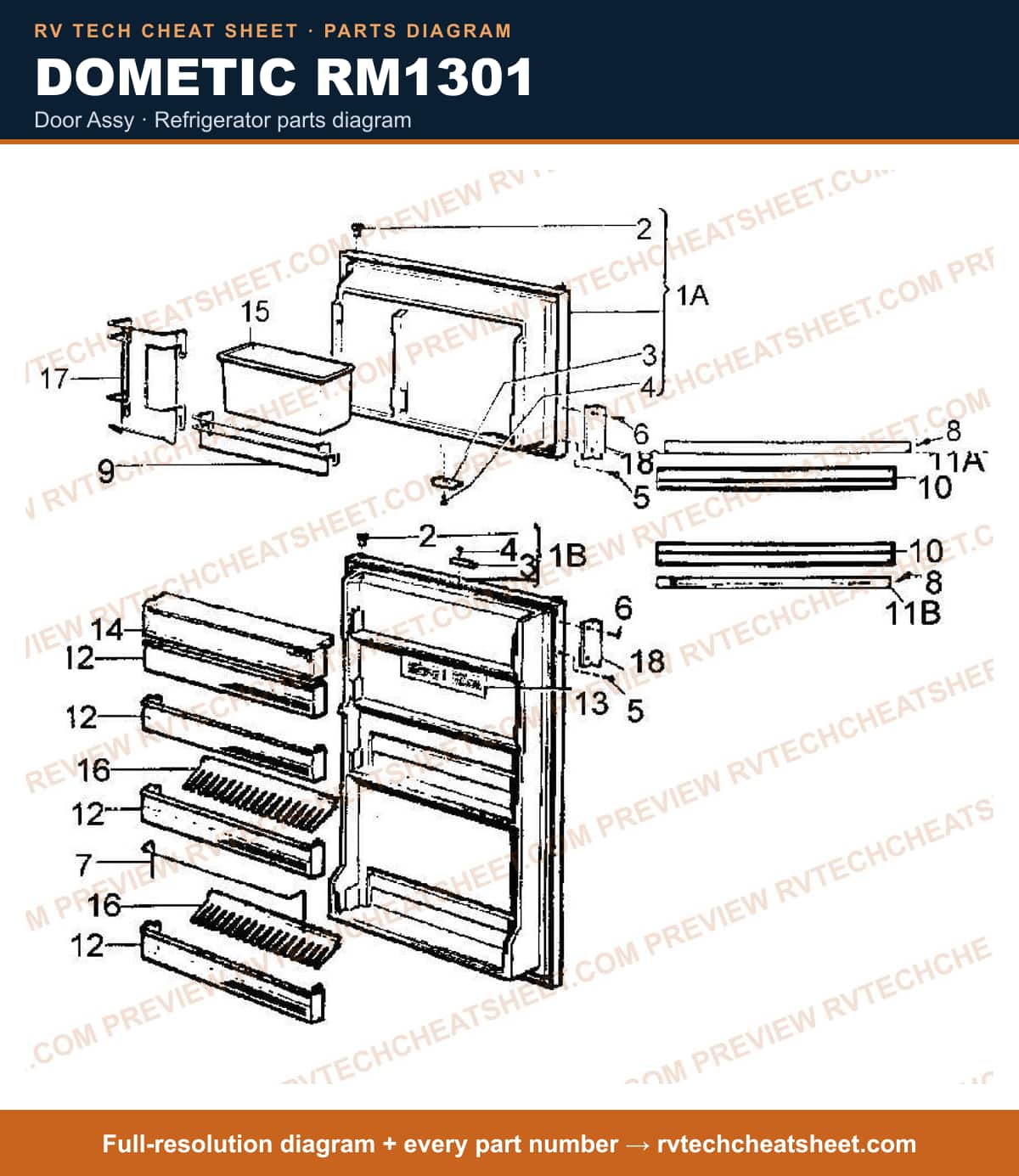 Dometic RM1301 door assy — parts list sheet