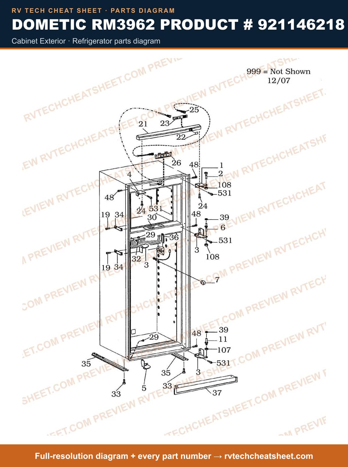 Dometic RM3962 Product # 921146218 cabinet exterior — parts list sheet