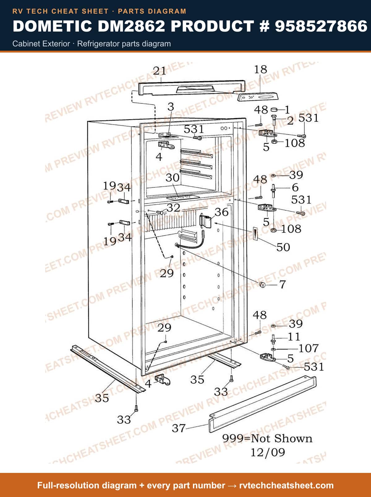 Dometic DM2862 Product # 958527866 cabinet exterior — parts list sheet