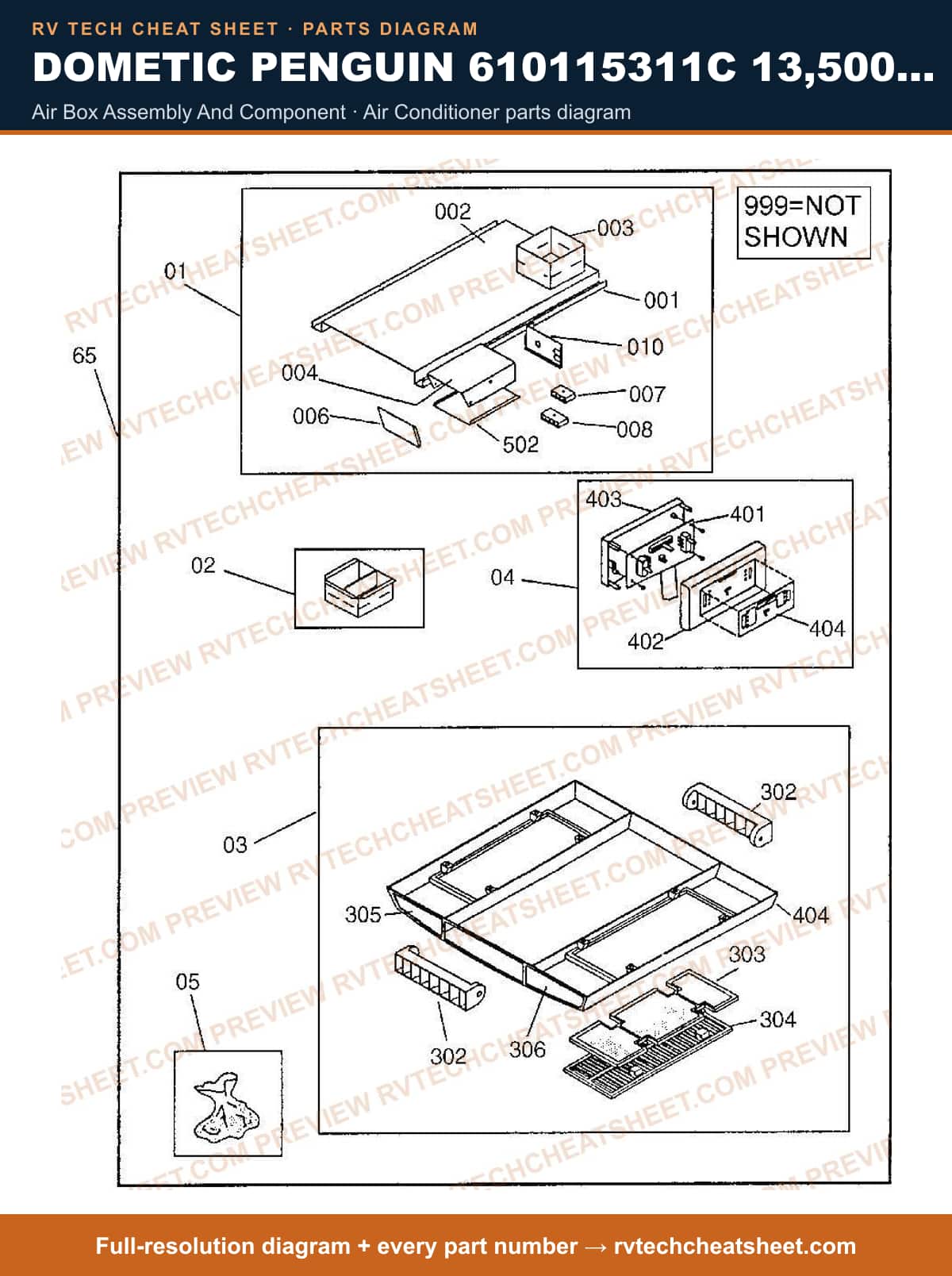 Dometic Penguin 610115311C 13,500 BTU air box assembly and component — parts list sheet
