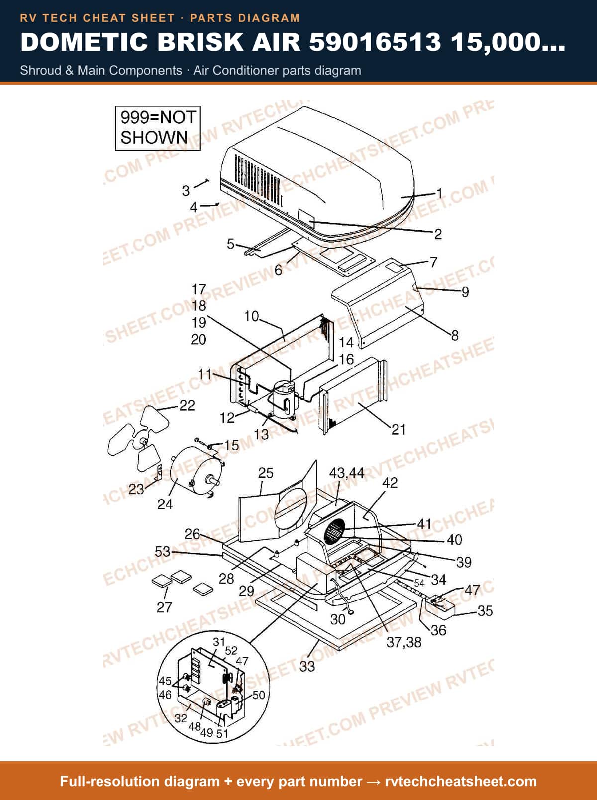 Dometic Brisk Air 59016513 15,000 BTU shroud & main components — parts list sheet