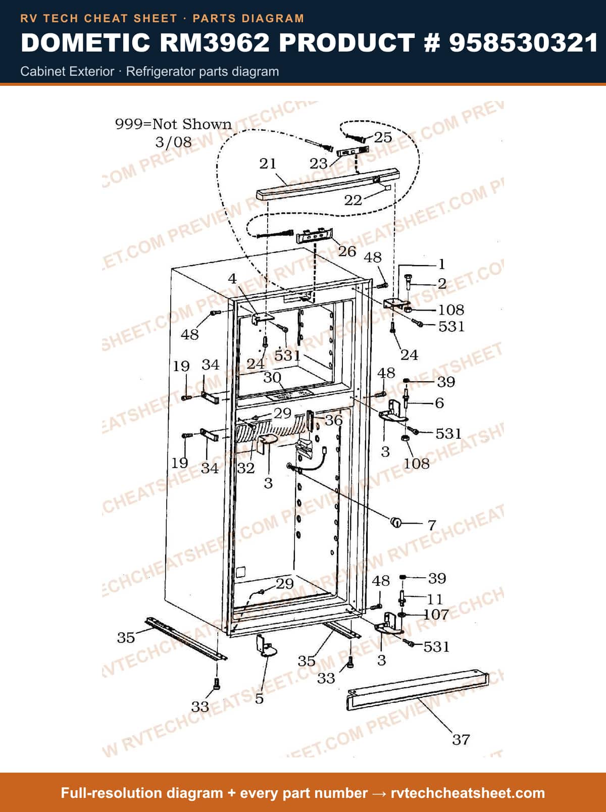 Dometic RM3962 Product # 958530321 cabinet exterior — parts list sheet