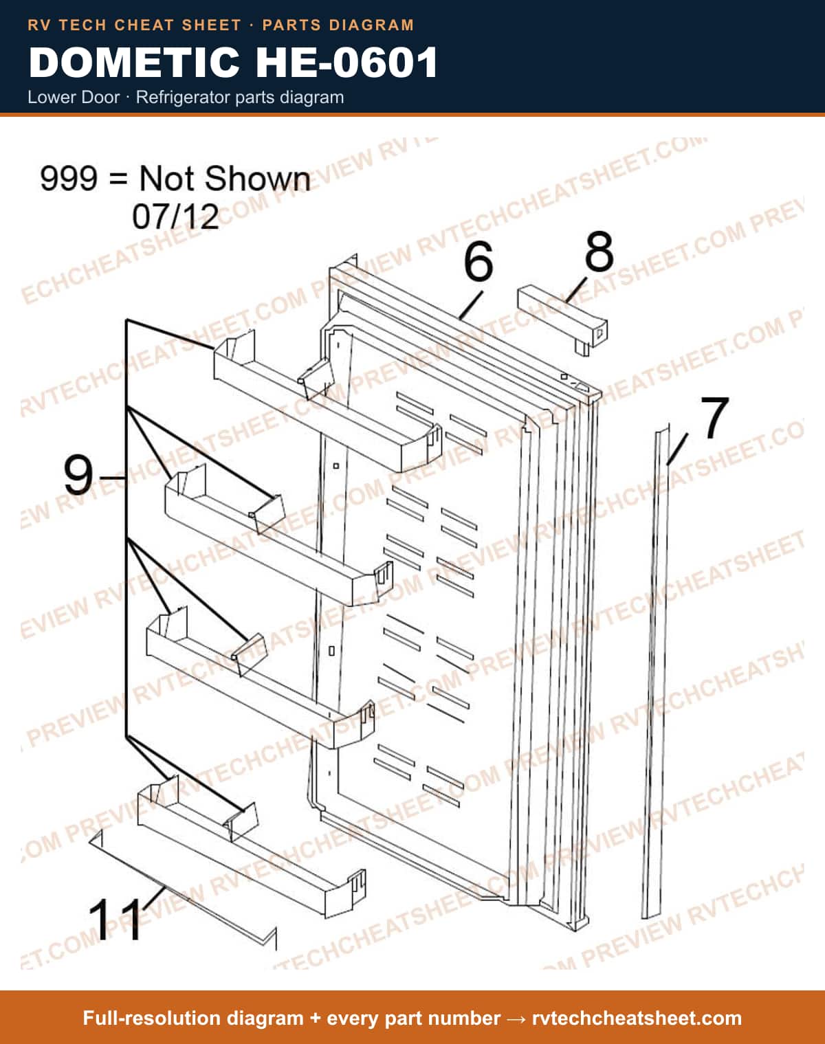 Dometic HE-0601 lower door — parts list sheet 2 of 2