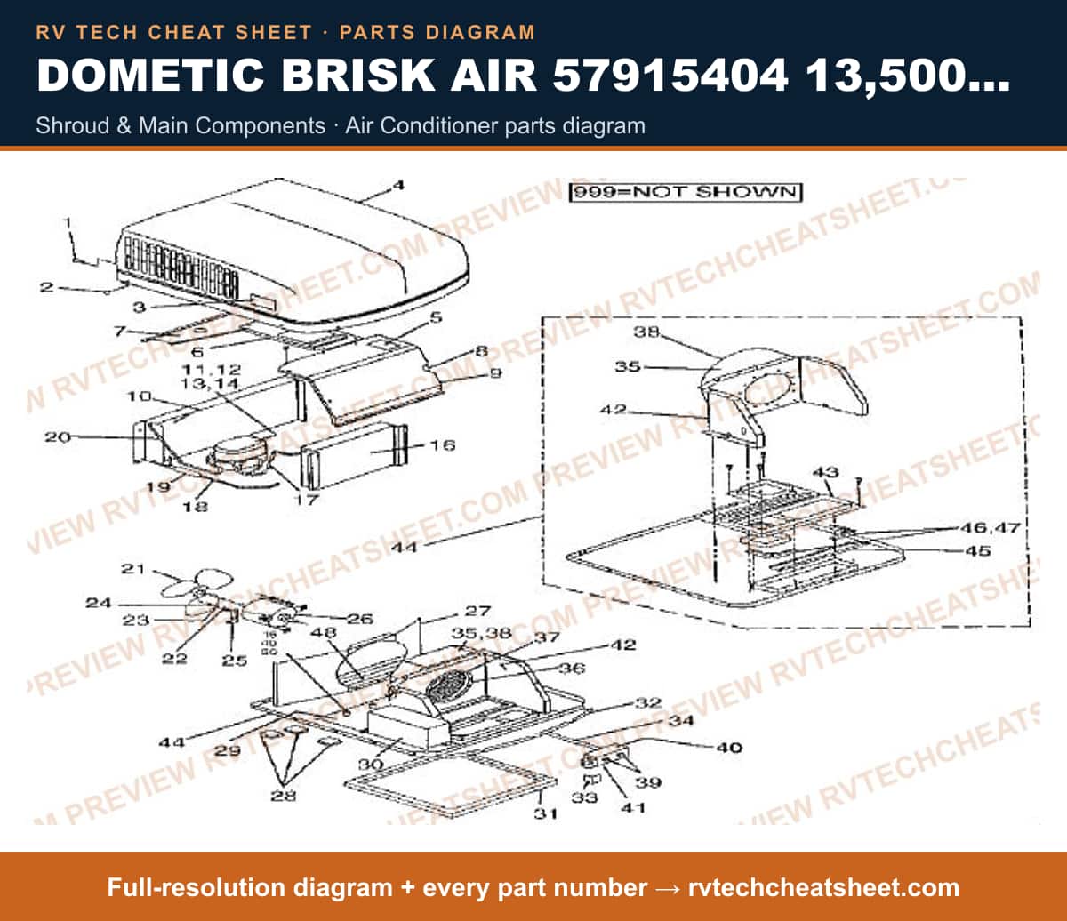 Dometic Brisk Air 57915404 13,500 BTU shroud & main components — exploded parts diagram