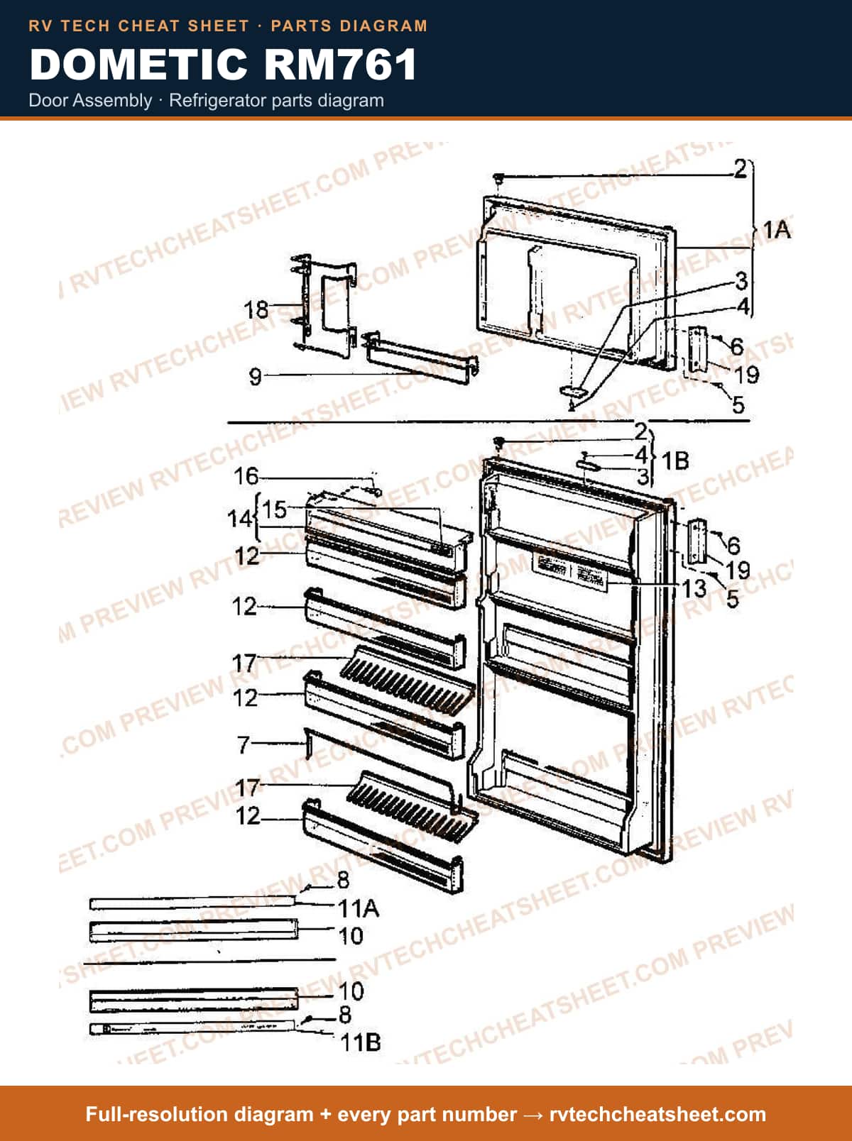 Dometic RM761 door assembly — parts list sheet