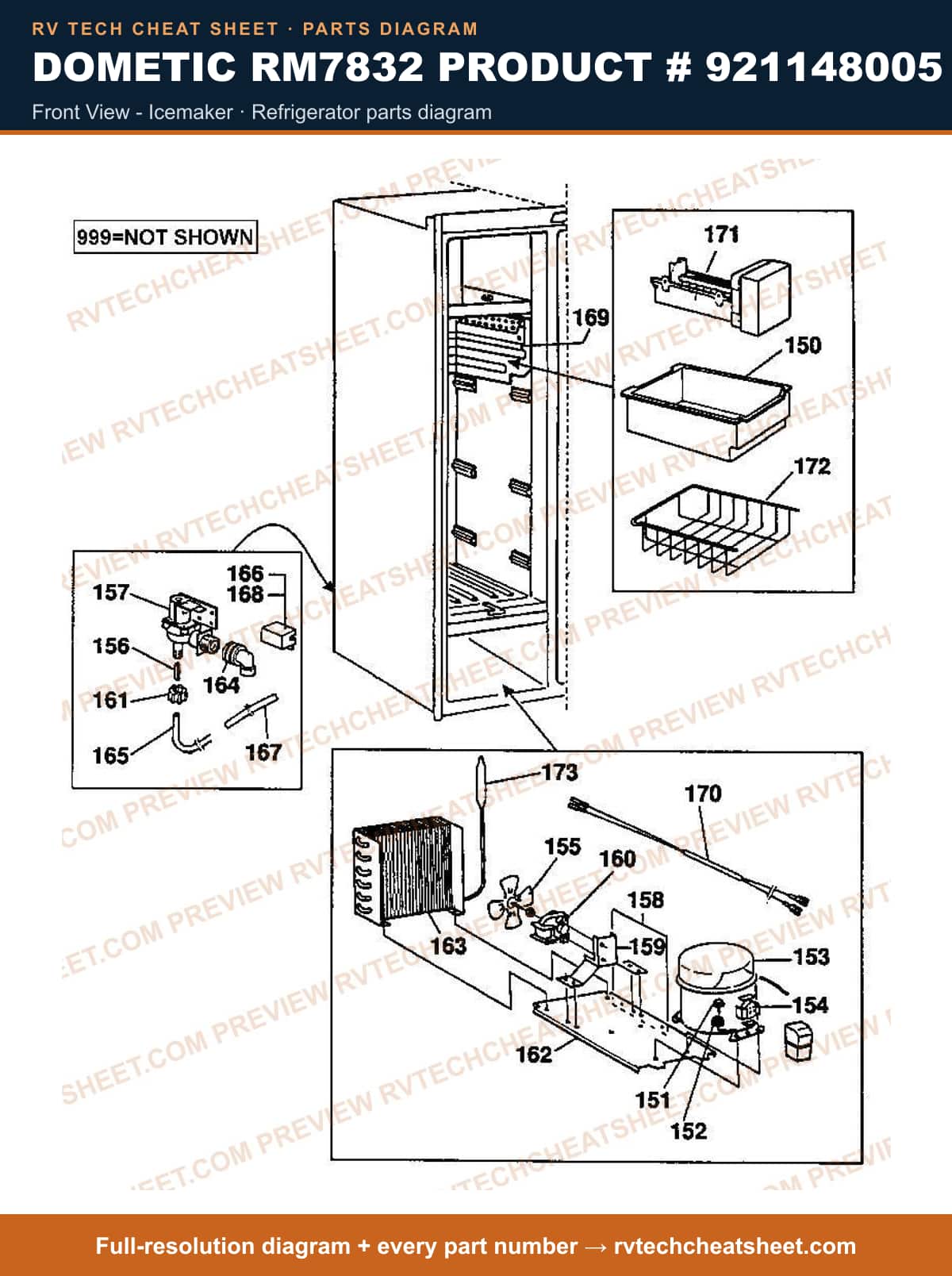 Dometic RM7832 Product # 921148005 front view - icemaker — parts list sheet