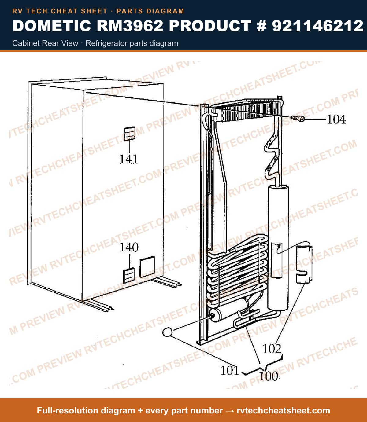 Dometic RM3962 Product # 921146212 cabinet rear view — parts list sheet