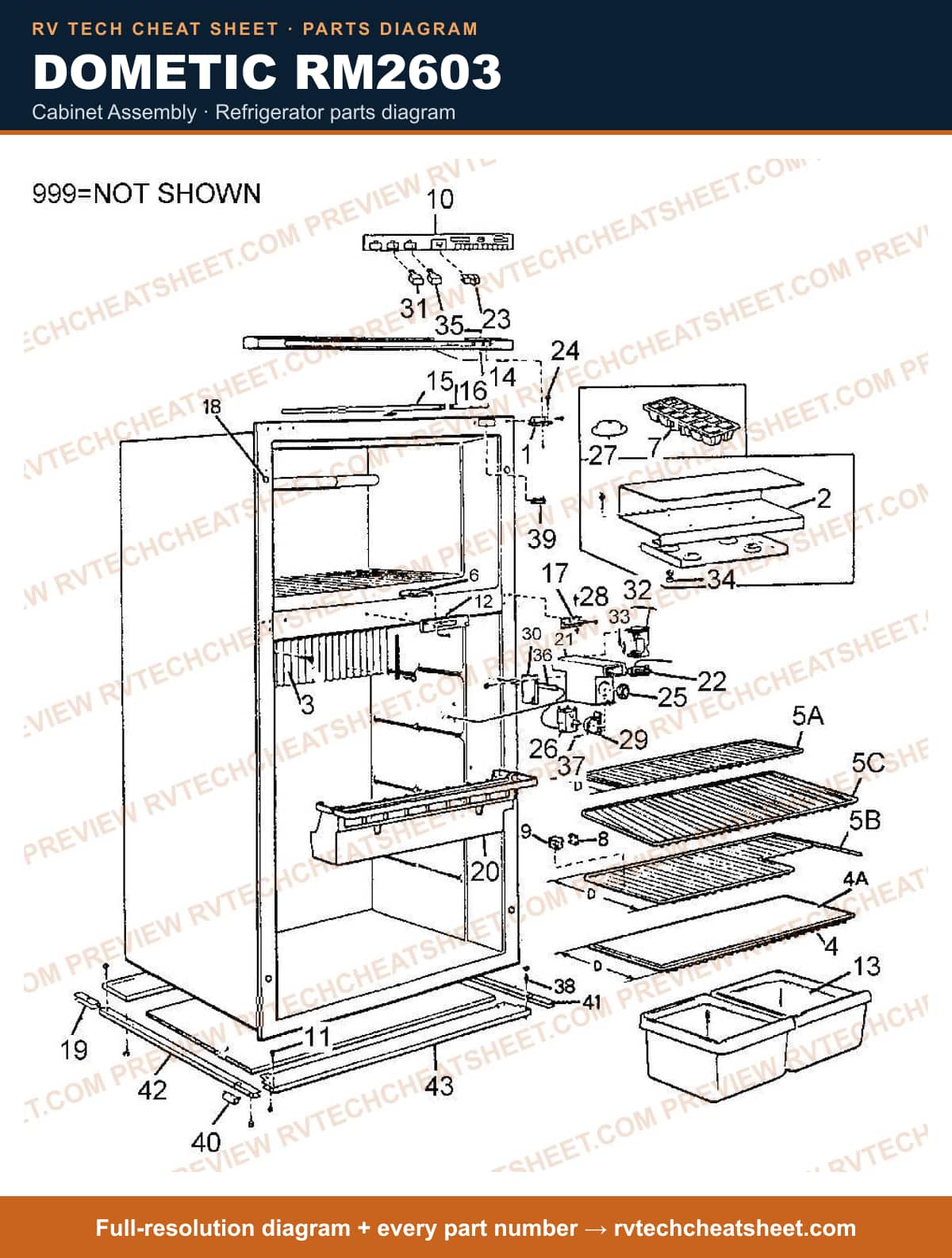 Dometic RM2603 cabinet assembly — parts list sheet