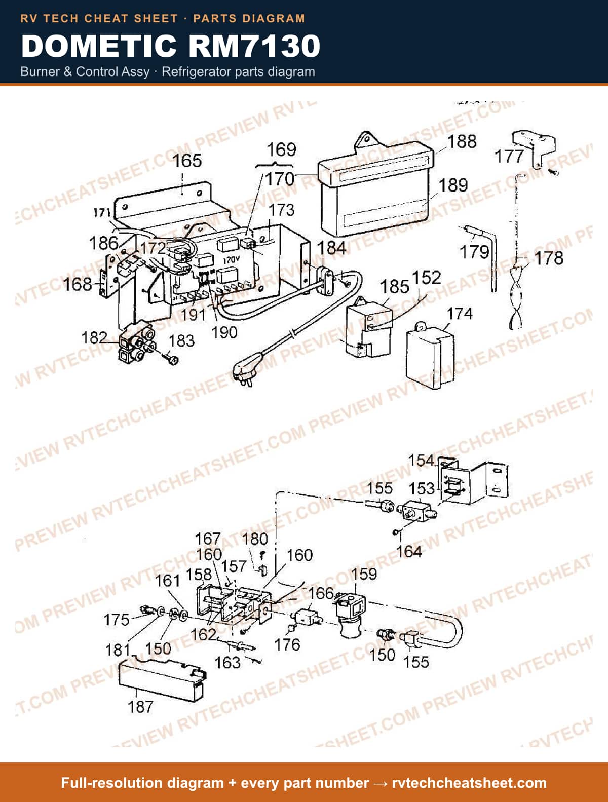 Dometic RM7130 burner & control assy — parts list sheet