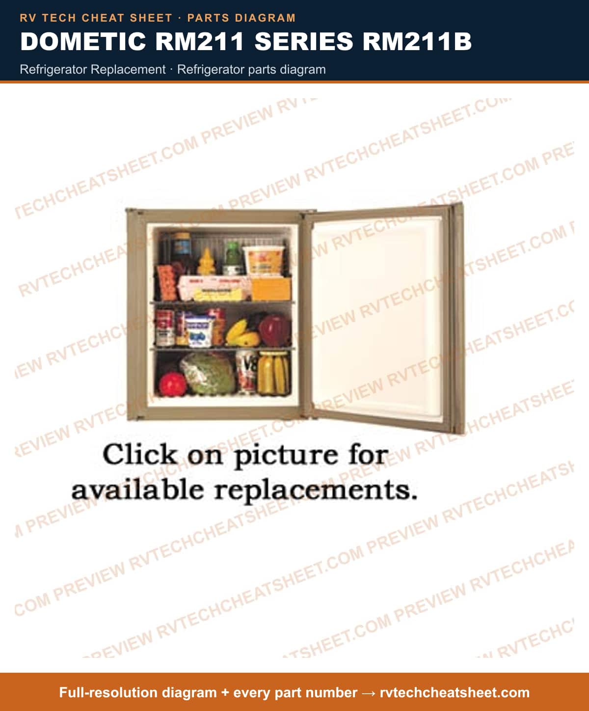 Dometic RM211 Series RM211B refrigerator replacement — parts list sheet